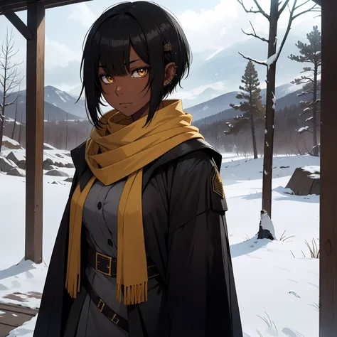 a 1girl, 独奏, desert, dark-skin, black hair, beautiful yellow eyes, short hair hair, long bangs, body piercings, military cloak, ...