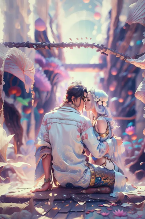 Handsome guy in a white shirt,A man and a woman hug and kiss,Twin,Sit and meditate in a lotus pose,Look at the audience with your eyes closed,raised head,Floating on the ground,cheerfulness,A slight smil,realisticlying,Bokeh,light particules,very highly de...