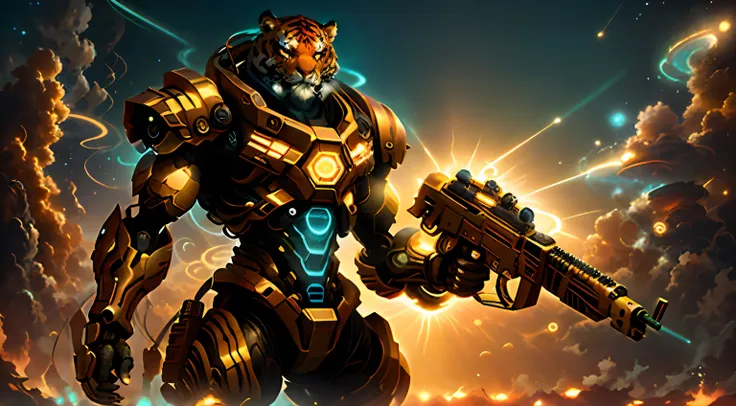 sun in the background，cool，highly clear，anthropomorphic tiger with a gun，mecha warrior，eyes glowing，the picture is bright，bright...