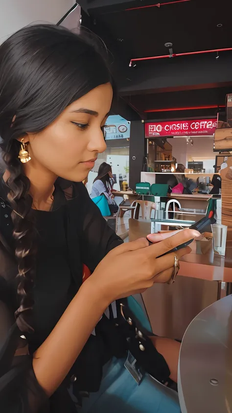 woman sitting at a table looking at her cell phone, checking her phone, goddess checking her phone, checking her cell phone, sitting in a cafe, she is holding a smartphone, sitting in a cafe alone, in a coffee shop, shot on leica sl2, candid picture, india...