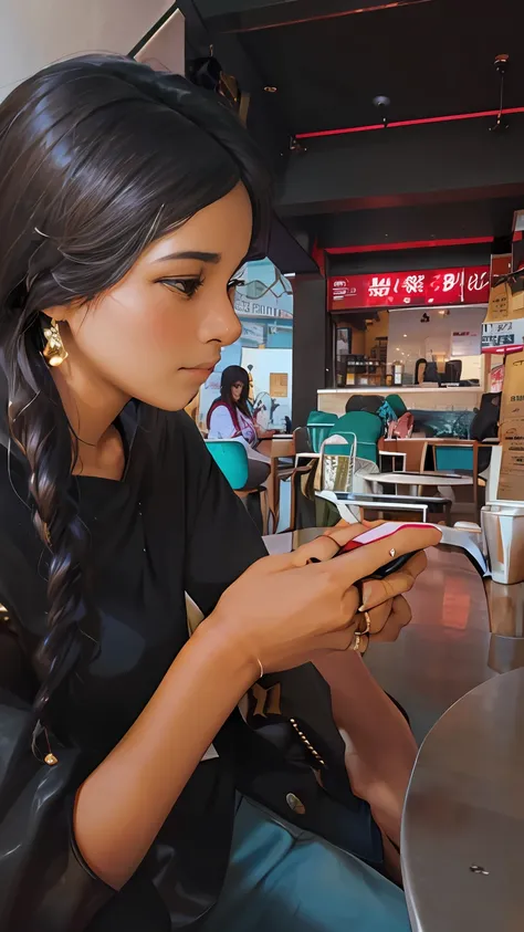 woman sitting at a table looking at her cell phone, checking her phone, goddess checking her phone, checking her cell phone, sitting in a cafe, she is holding a smartphone, sitting in a cafe alone, in a coffee shop, shot on leica sl2, candid picture, india...