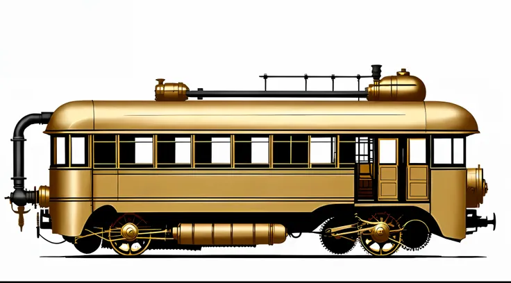 school bus、steampunc、from side view、brass、steel、great photos of pipes、white background