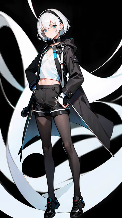 Masterpiece, Best quality, Solo,Boy, Pantyhose, White hair,Short hair, White shirt,(Black shorts:1.5), blackfootwear, full bodyesbian, Black pantyhose, shirt, Shorts, Coat, Open coat, view the viewer, Hood, Sneakers, Open clothes, Black coat, (Flat chest:1...