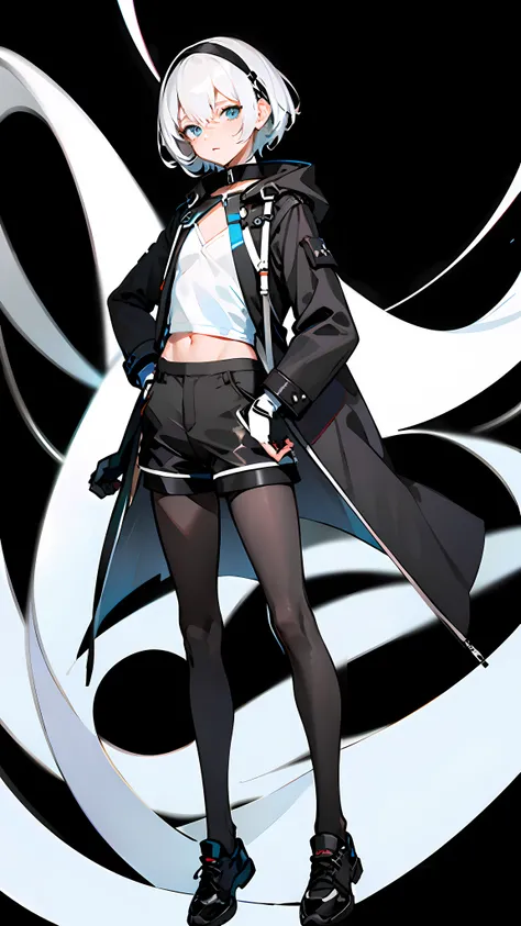 Masterpiece, Best quality, Solo,Boy, Pantyhose, White hair,Short hair, White shirt,(Black shorts:1.5), blackfootwear, full bodyesbian, Black pantyhose, shirt, Shorts, Coat, Open coat, view the viewer, Hood, Sneakers, Open clothes, Black coat, (Flat chest:1...