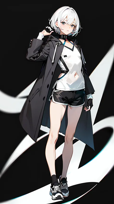 Masterpiece, Best quality, Solo,Boy, Pantyhose, White hair,Short hair, White shirt,(Black shorts:1.5), blackfootwear, full bodyesbian, Black pantyhose, shirt, Shorts, Coat, Open coat, view the viewer, Hood, Sneakers, Open clothes, Black coat, (Flat chest:1...