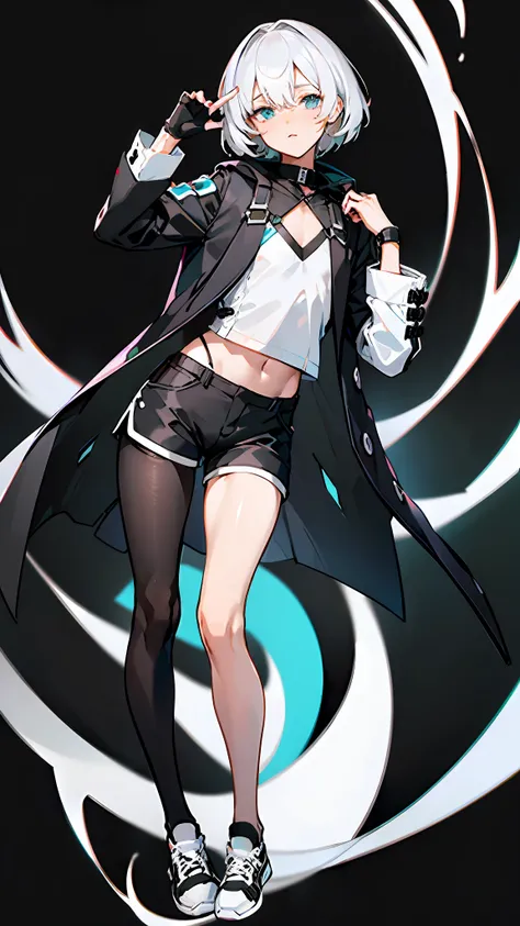 Masterpiece, Best quality, Solo,Boy, Pantyhose, White hair,Short hair, White shirt,(Black shorts:1.5), blackfootwear, full bodyesbian, Black pantyhose, shirt, Shorts, Coat, Open coat, view the viewer, Hood, Sneakers, Open clothes, Black coat, (Flat chest:1...