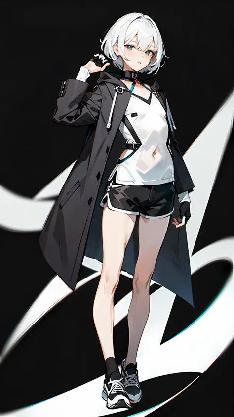 Masterpiece, Best quality, Solo,Boy, Pantyhose, White hair,Short hair, White shirt,(Black shorts:1.5), blackfootwear, full bodyesbian, Black pantyhose, shirt, Shorts, Coat, Open coat, view the viewer, Hood, Sneakers, Open clothes, Black coat, (Flat chest:1...