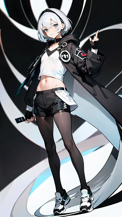 Masterpiece, Best quality, Solo,Boy, Pantyhose, White hair,Short hair, White shirt,(Black shorts:1.5), blackfootwear, full bodyesbian, Black pantyhose, shirt, Shorts, Coat, Open coat, view the viewer, Hood, Sneakers, Open clothes, Black coat, (Flat chest:1...