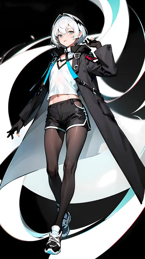 Masterpiece, Best quality, Solo,Boy, Pantyhose, White hair,Short hair, (White shirt:1.4),(Black shorts:1.5), blackfootwear, full bodyesbian, Black pantyhose, shirt, Shorts, Coat, Open coat, view the viewer, Hood, Sneakers, Open clothes, Black coat, (Flat c...