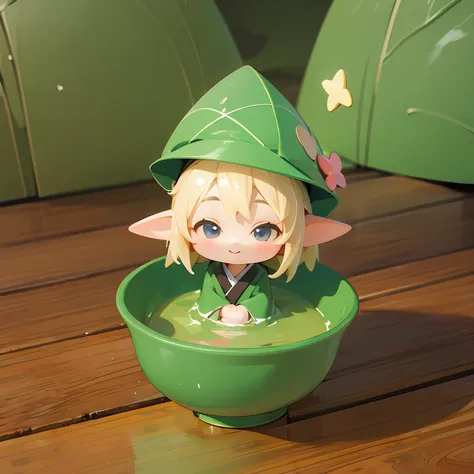 (little doll wearing green triangular hat)、(sitting in a large bowl)、cute 3d render、cute detailed digital art、cute digital art、c...