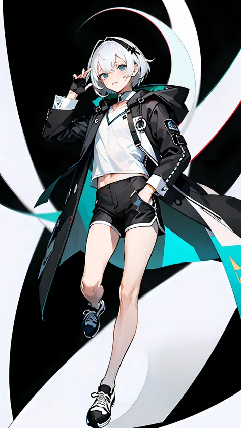 Masterpiece, Best quality, Solo,Boy, Pantyhose, White hair,Short hair, (White shirt:1.4),(Black shorts:1.5), blackfootwear, full bodyesbian, Black pantyhose, shirt, Shorts, Coat, Open coat, view the viewer, Hood, Sneakers, Open clothes, Black coat, (Flat c...