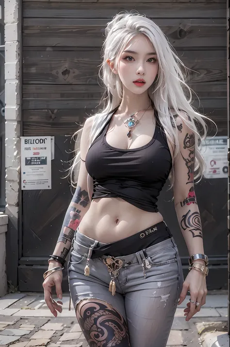 photorealistic, high resolution, 1women, solo, hips up, look at viewer, (detailed face), white hair, long hair, street wear, jew...