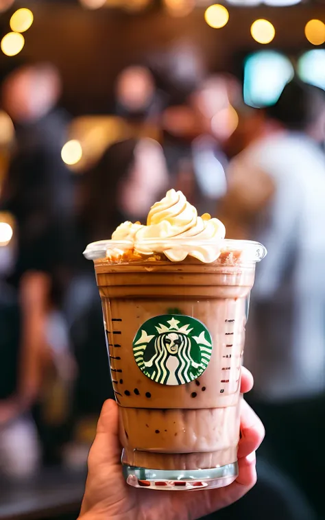 pov photo of an amazing capuccino milkshake with chocolate syrup. busy starbucks dinner interior background, people in backgroun...