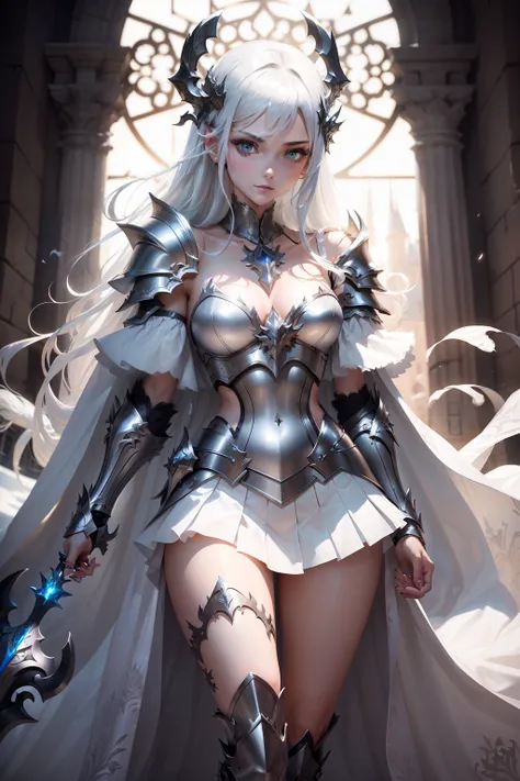 tmasterpiece,Best image quality,woman,Dragon Knight,Overhead halo,Slender body,Elegant posture,Long hair in white color,Short pleated skirt,Bare chest,show legs,open waist,The arms do not use cloth,On the shoulders is silver-white armor,The body has silver...