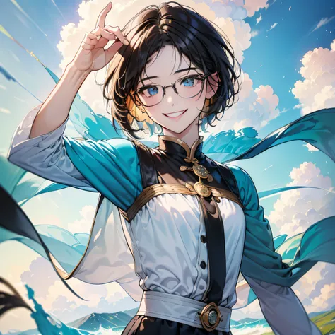(in 8K、top-quality、masterpiece:1.2)、1人の女性、(Smiling smile:1.1)、beautidful eyes、Valley、The upper part of the body、length hair、Like a boy、poneyTail、Green view、eye glasses、