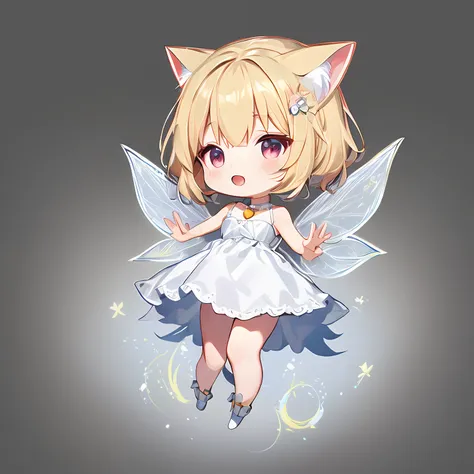 chibi, full body, blonde hair, fairy wings, white dress, simple background, white background, cat ears, fairy,