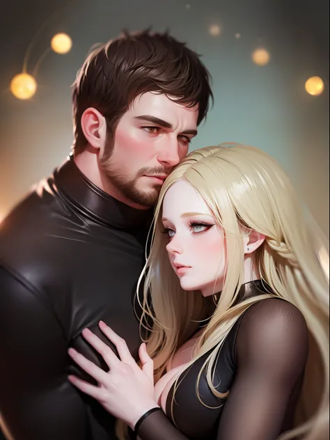 (( big man short brown hair ))with ((1woman blonde long hair)),  simple background ,art style guweiz , simple background , bokeh , lovers , couple , art style guweiz , simple background , bokeh , lovers , couple