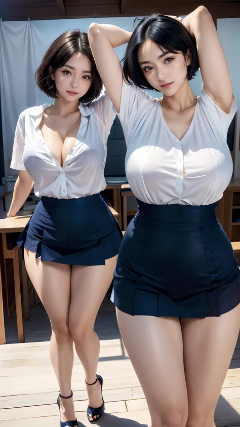 (8K, 超A high resolution, Best Quality, masutepiece:1.2)、RAW portrait of Japan super cute woman、top-quality、 (huge-breasted:1.15)((governess、Pure white shirt、Navy blue knee bottom tight skirt:1.55))、Put the shirt inside the skirt(Hands behind the head、Show ...