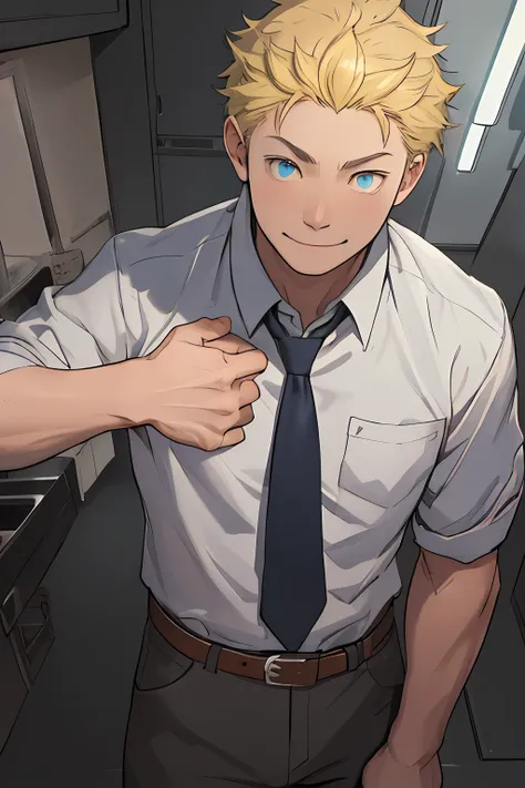 (1 Adult male),A high resolution, Sharp focus, Pixiv masterpiece, ((Complicated details)), highly detailed, natsuki_subaru, 1 man, ssmile,full bodyesbian,Reached, blue color eyes(eyes glowing), Short yellow hair,white shirt,Wear a tie,Wear a belt,perspir...