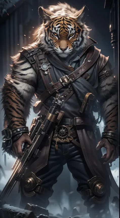 angry tiger god, closeup cleavage, steampunk anthropomorphism , holding a saabpunk glowing rifle，carry grenades，magazines，black ...