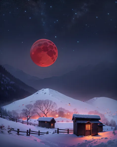 a dark night、red moon、snowscape、snow mountains、small shed、light leaking through the shed window