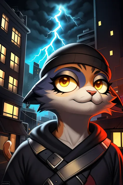 1 girl, portrait, meowskulls, solo, 3 tone fur, detailed lightning, (masterpiece), city background,