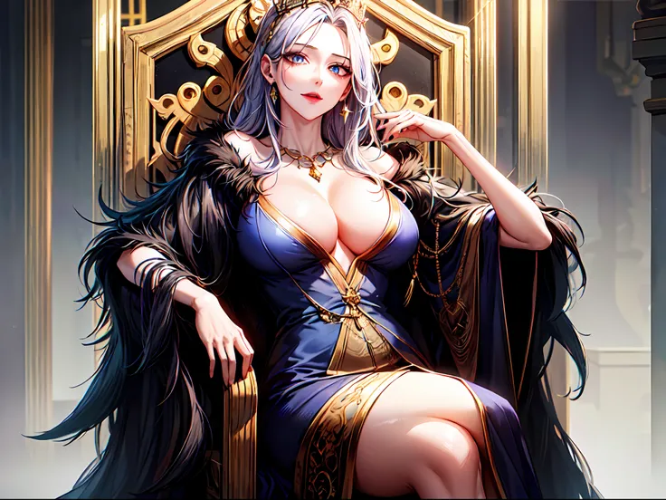 fantasy-style, 1girl, solo, masterpiece, best quality, detailed face, perfect face, perfect eyes, big eyes, ganrealistic eyes, makeup, evil smile, long eyelashes, looking at viewer, big breast, cleavage, golden, jewelry, shiny skin, (mature female, large b...