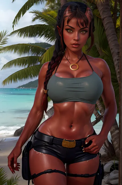(nsfw), (solo), cosplay of beautiful female, mulatto, (adult women, 30 year old), (curvy women, seductive, sex-bomb), chicken, (Meru, Merunyaa:1.2), (devil-women), (famous beautiful american supermodel:1.2 ), ( fit, abs), (busty,Large erect breasts,huge...