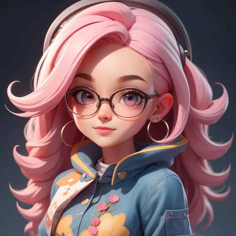 uma menina fofa super bonito, nerd, Eyeglasses, corpo inteiro, Beautiful and stuck hair accessories, Coloridos, olhos delicados, sorrindo, roupas leves e detalhadas, clean background and bright 3D rendering, OC rendering, 8k, Foco suave, fino Glossysuper d...