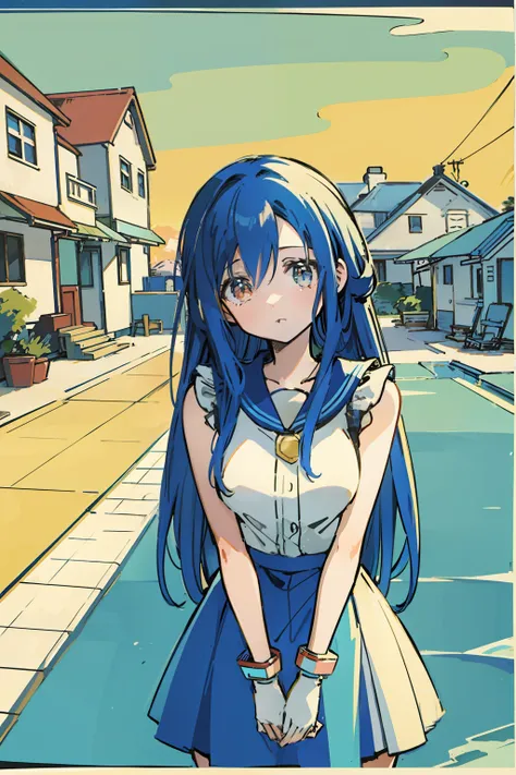 blue hairs，gundam beach wild color，retro anime girl，vintage house background。