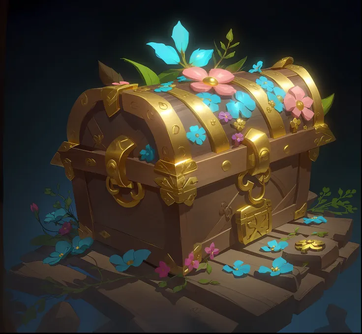 there is a wooden treasure chest，there is a lot of gold and jewelry inside, wood planks，flowers，treasure trove, ori stylized，pix...