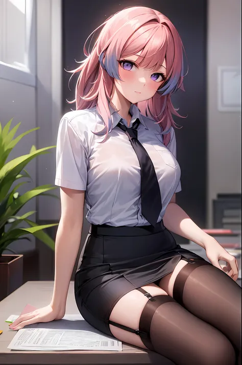 best quality, masterpiece), 1girl, pink hair, purple eyes,  garter straps, pencil skirt, office lady, black bra, necktie, collar...