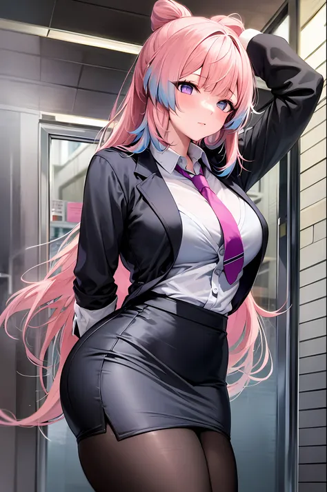 best quality, masterpiece), 1girl, pink hair, purple eyes,  garter straps, pencil skirt, office lady, black bra, necktie, collar...