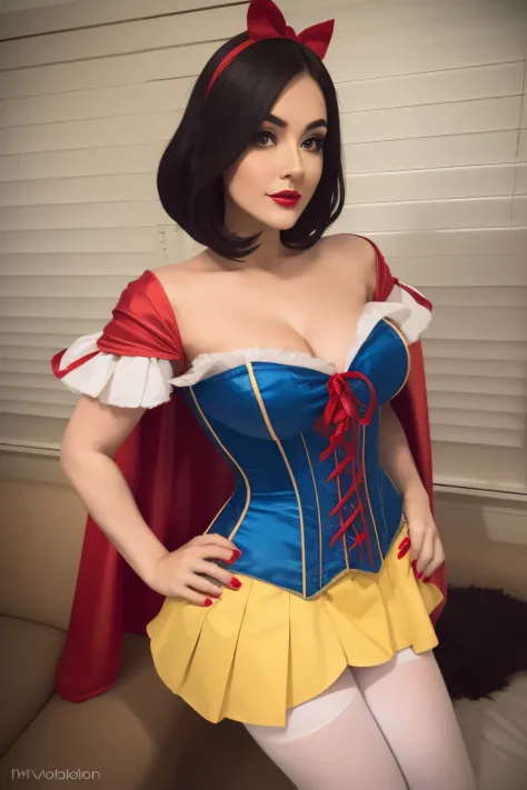 Beautiful woman, snow white cosplay, blue corset, yellow pleated skirt, red and white slashed shoulder sleeves, black bob hair, red headband, red cape, silk, satin, photorealistic, masterpiece, best quality, beautifully detailed face, detailed skin, white ...