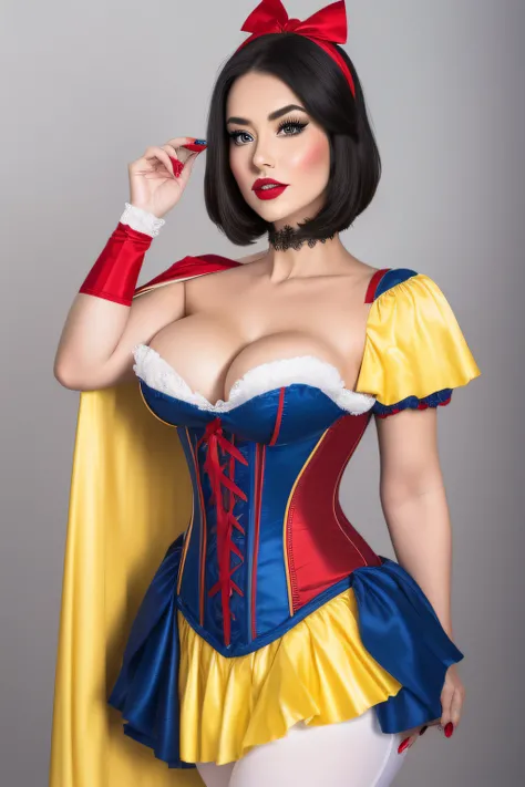 Beautiful woman, snow white cosplay, blue corset, yellow pleated skirt, red and white slashed shoulder sleeves, black bob hair, red headband, red cape, silk, satin, photorealistic, masterpiece, best quality, beautifully detailed face, detailed skin, white ...