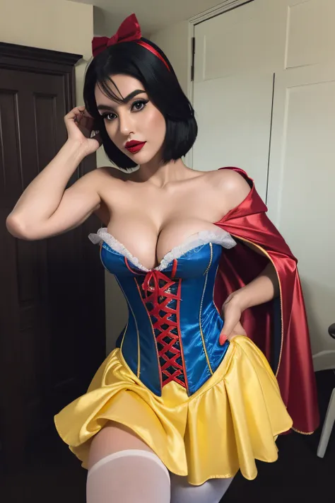 Beautiful woman, snow white cosplay, blue corset, yellow pleated skirt, red and white slashed shoulder sleeves, black bob hair, red headband, red cape, (((silk))), satin, photorealistic, masterpiece, best quality, beautifully detailed face, detailed skin, ...