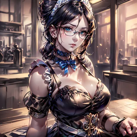 (64k, RAW photo, highres, best quality, masterpiece:2.0), (ultra-fine depiction of the detail:2.0), (realistic, beautiful, photo-realistic:1.3), 1girl, (yuri alpha), (long black hair, slightly messy), (slightly messy diagonal bangs:1.0), (single braid bun,...