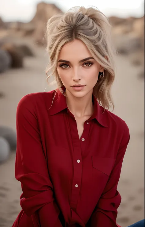 uma linda mulher com cabelos loiros e uma camisa vermelha posando para uma foto, vestindo uma camisa vermelha de lenhador, vesti...