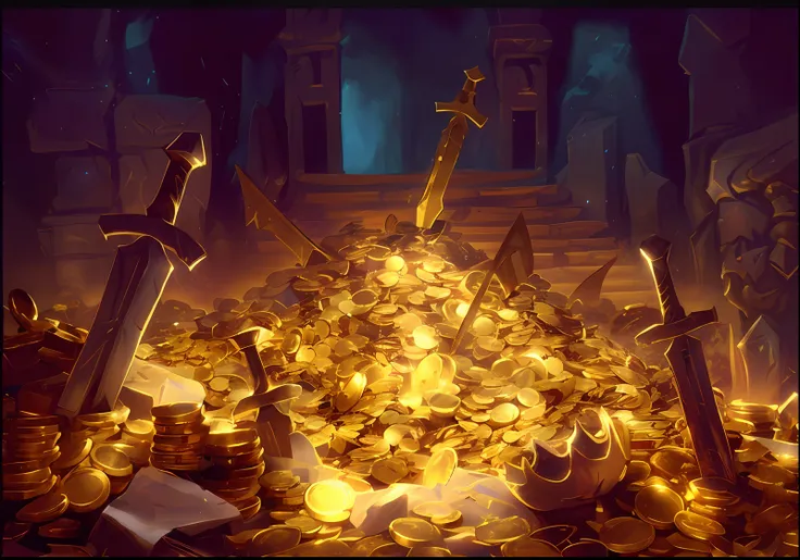 there was a pile of gold coins and a sword on the ground, hearthstone concept art, treasure background, looming over a horde of ...