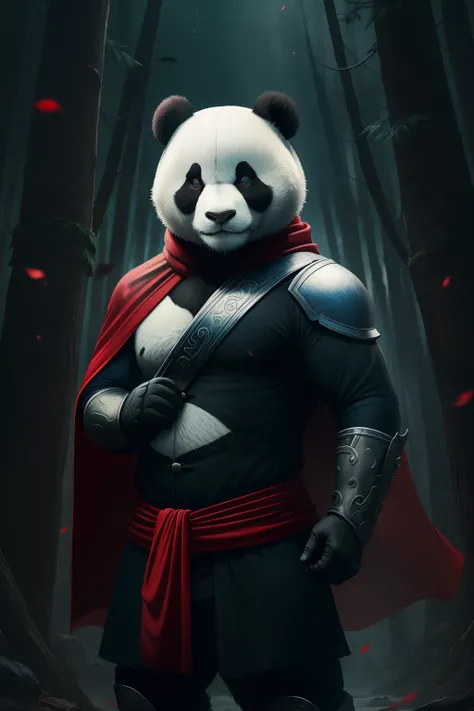 Panda Man Warrior(Pandas head,Pandas hand,Red scarf,Blue by Capelet,A black-robed battle suit),Fairy tale picture book,Picture,Highest image quality,high-definition picture quality,8K photography