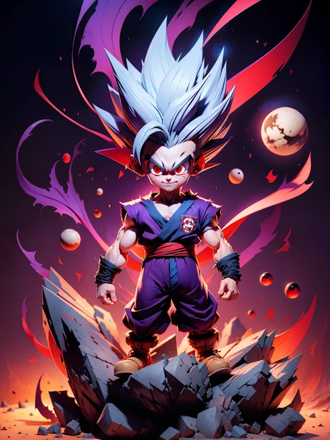 masterpiece, best quality, ultra-detailed, adult gohan 1boy, solo, full body, evil smile, grey hair, spiked hair, (((red eyes)))...