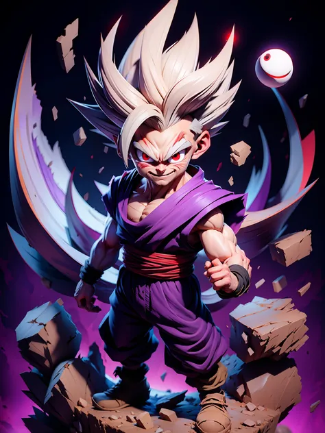 masterpiece, best quality, ultra-detailed, adult gohan 1boy, solo, full body, evil smile, grey hair, spiked hair, (((red eyes)))...