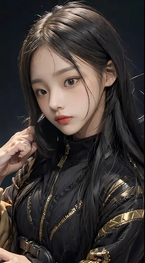 (minji, black tracksuit, toned physique, golden ratio, black studio background, relaxed expression, drowsy eyes)