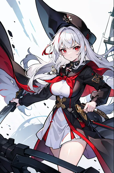 (masterpiece), best quality, expressive eyes, perfect face, 1girl, solo, medium height, young adult, young woman, big boobs, (long hair, white hair, side locks, bangs, wavy hair), (red eyes, death glare, serious, menacing, leadership aura, glowing eye), ol...