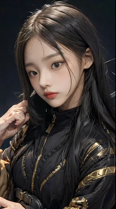 (minji, black tracksuit, toned physique, golden ratio, black studio background, relaxed expression, drowsy eyes)