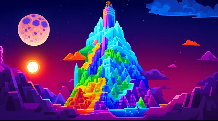 colorful illustration of a mountain with a full moon in the background, torre pintada da lua, zigurate, jen bartel, arte de fund...