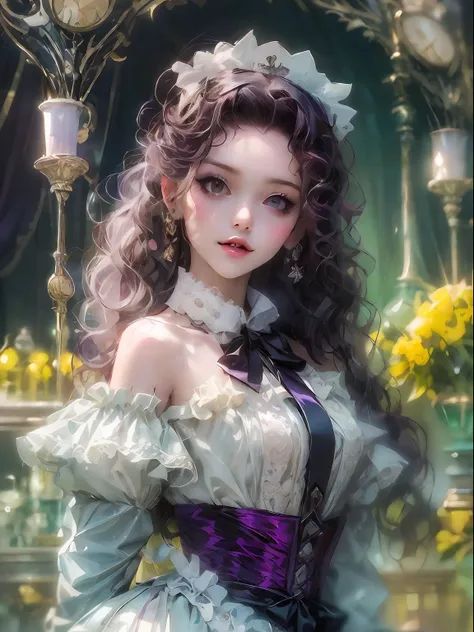 highestquali，tmasterpiece：1.2，detailed details，（high qulity），kizi，a pretty girl，ssmile，long black wavy curly hair，yellow bow，pur...