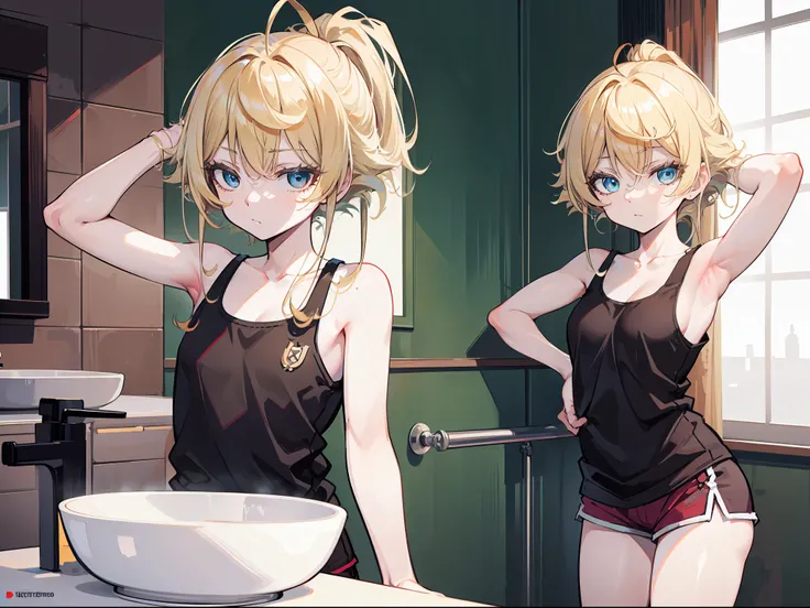 Tanya von degurechaff, tank top, armpit, wearing shorts, in the bathroom, clean skin, masterpiece, Top quality, Ultra high definition, Maximum resolution, Very detailed