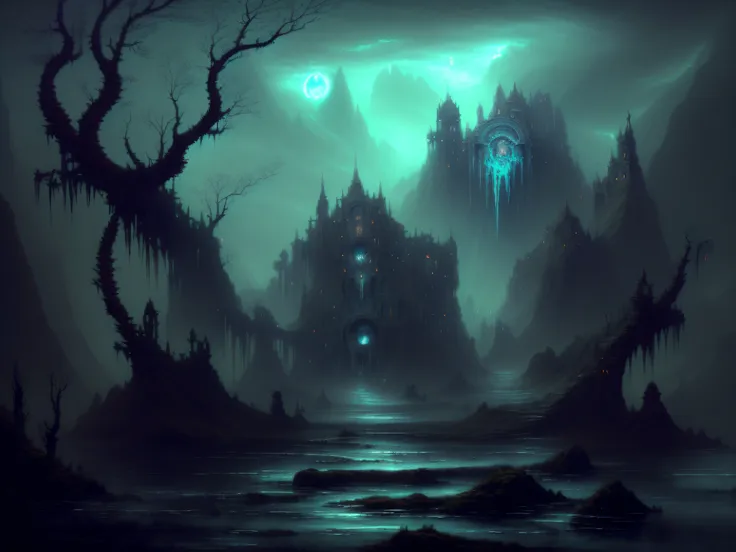 dark ruins landscape, arte conceitual sombria, pintura de fantasia fosca grimdark, arte conceitual de fantasia sombria, ambiente...