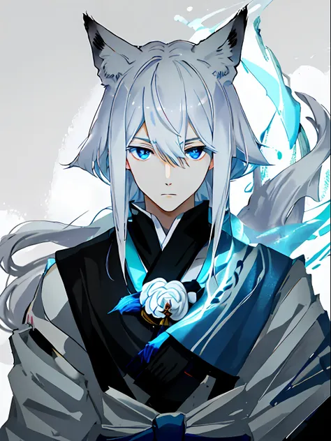 whaite hair，1 man，fox demon，softens hair，face expressionless，pale complexion，pure white kimono，blue color eyes